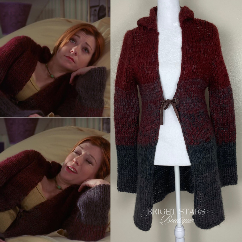 Striped Open-Front Cardigan Sweater in Burgundy and Charcoal